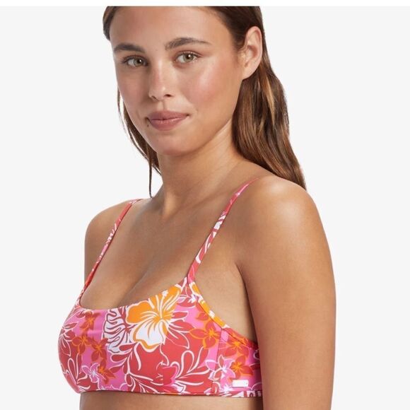 Roxy Juniors Sea Spray Bralette Bikini Top - Hilo Hibiscus Printed Swimsuit Red - Picture 8 of 12